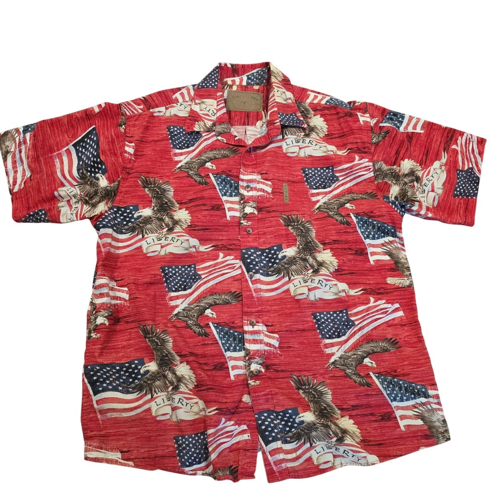 North River Mens Large Red American Flag Bald Eagle Liberty Cotton Button Shirt